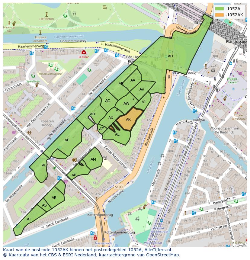 Afbeelding van het postcodegebied 1052 AK op de kaart.