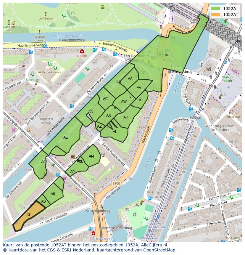 Afbeelding van het postcodegebied 1052 AT op de kaart.