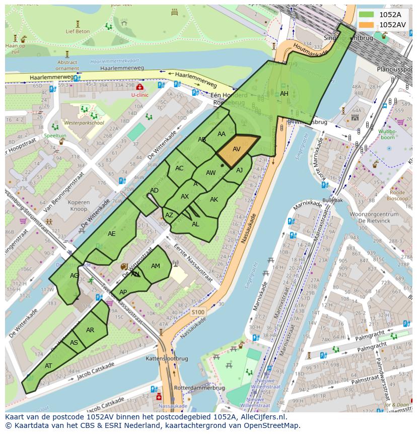 Afbeelding van het postcodegebied 1052 AV op de kaart.