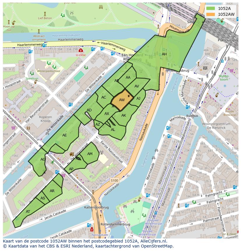 Afbeelding van het postcodegebied 1052 AW op de kaart.