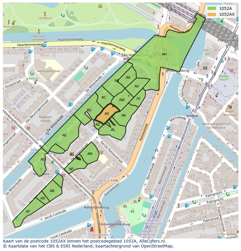 Afbeelding van het postcodegebied 1052 AX op de kaart.