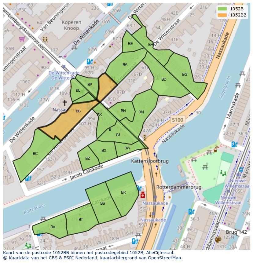 Afbeelding van het postcodegebied 1052 BB op de kaart.