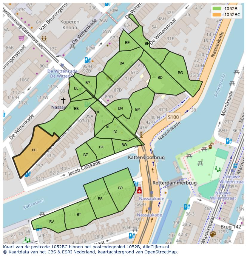 Afbeelding van het postcodegebied 1052 BC op de kaart.