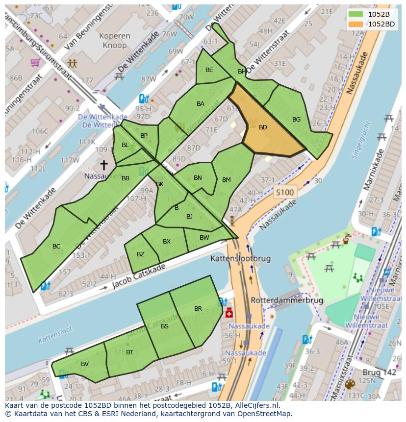 Afbeelding van het postcodegebied 1052 BD op de kaart.