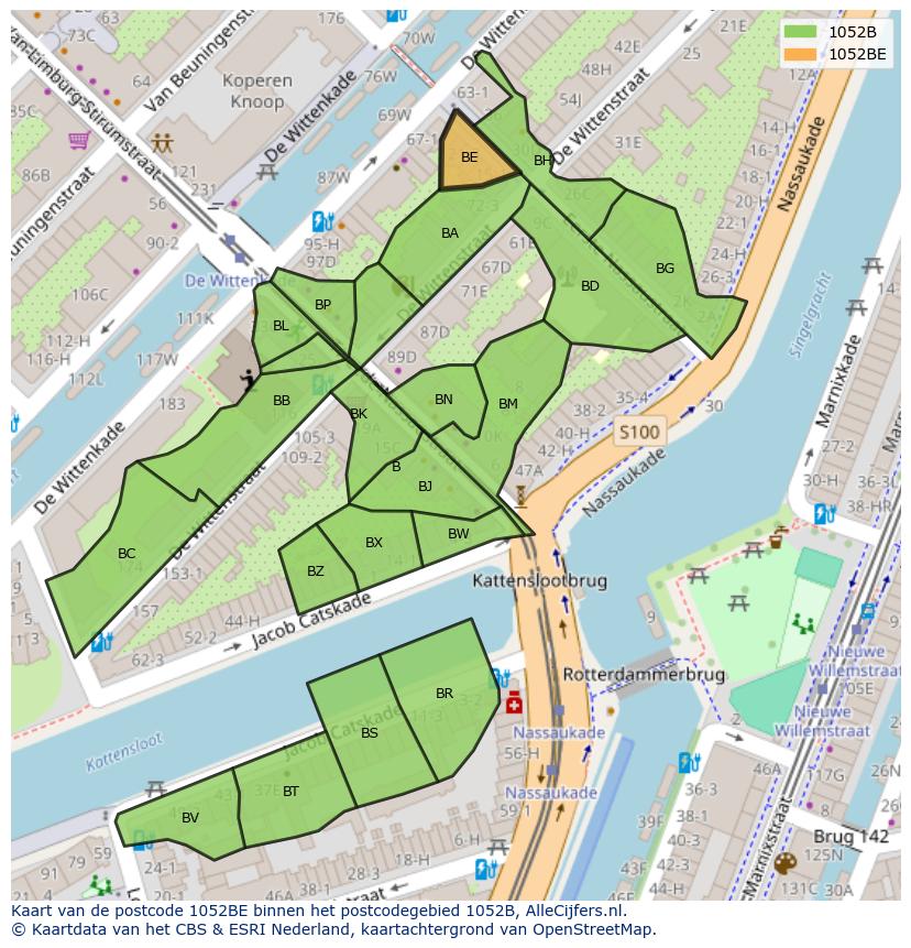 Afbeelding van het postcodegebied 1052 BE op de kaart.