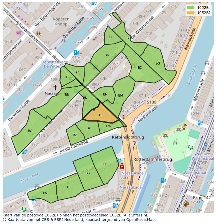 Afbeelding van het postcodegebied 1052 BJ op de kaart.