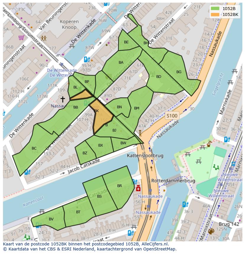 Afbeelding van het postcodegebied 1052 BK op de kaart.