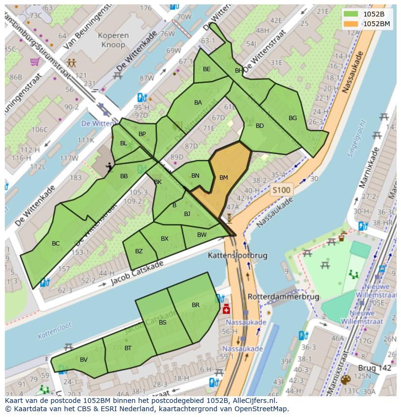 Afbeelding van het postcodegebied 1052 BM op de kaart.