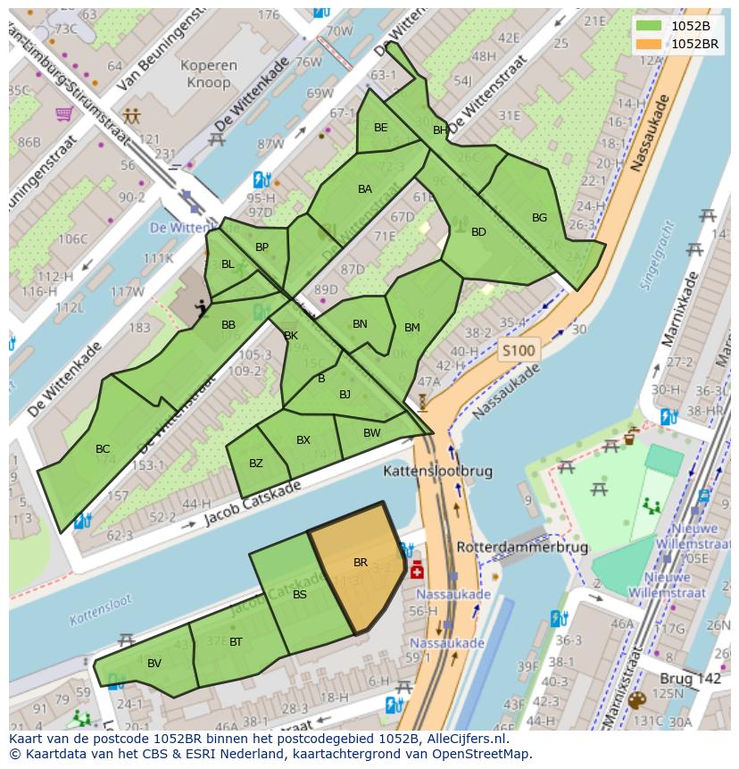 Afbeelding van het postcodegebied 1052 BR op de kaart.