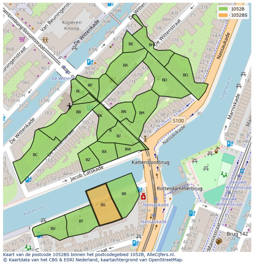 Afbeelding van het postcodegebied 1052 BS op de kaart.