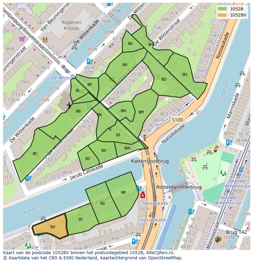 Afbeelding van het postcodegebied 1052 BV op de kaart.