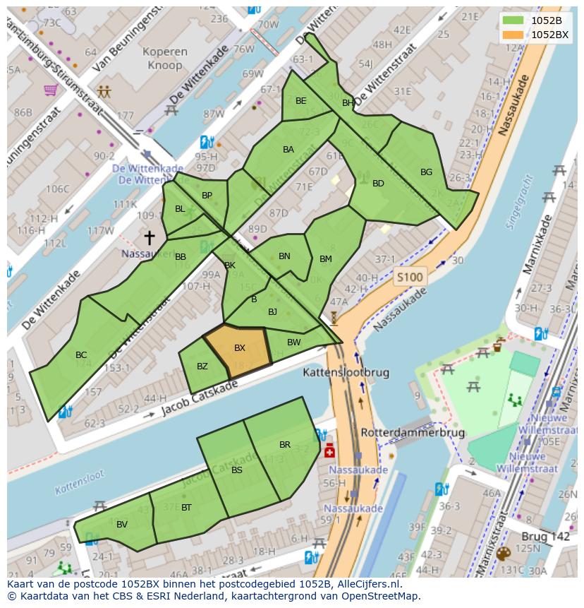 Afbeelding van het postcodegebied 1052 BX op de kaart.
