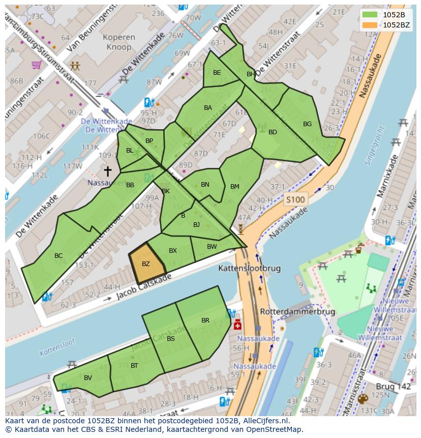 Afbeelding van het postcodegebied 1052 BZ op de kaart.