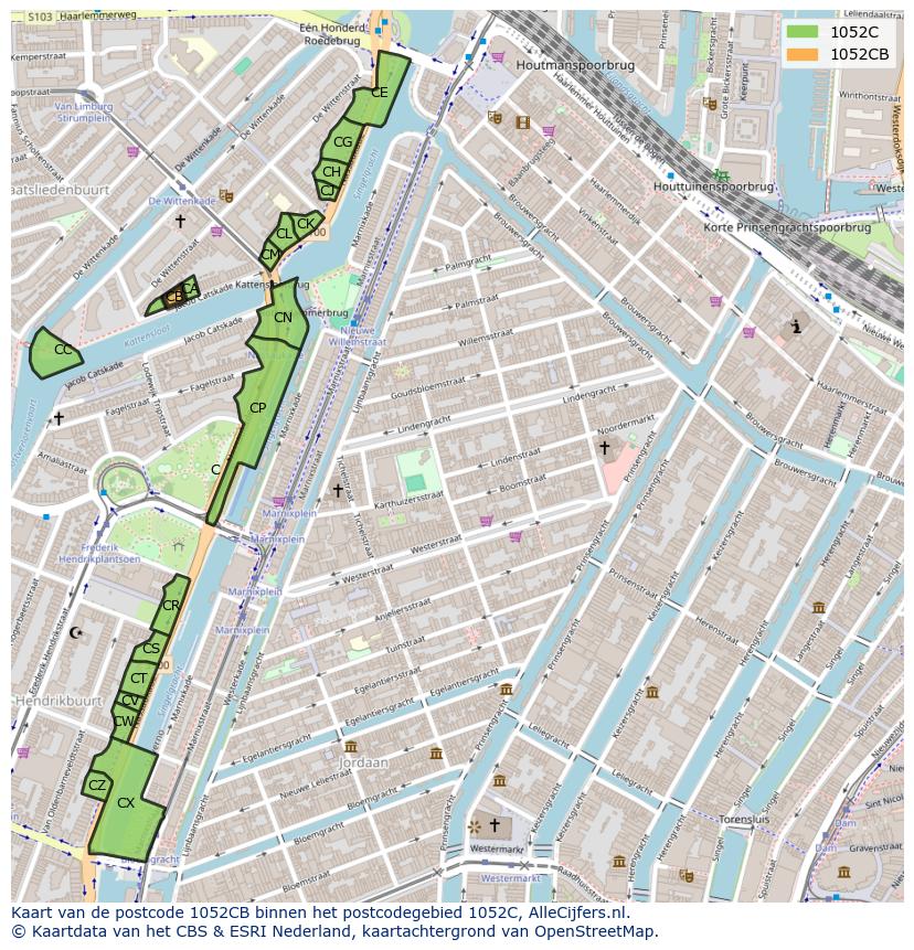 Afbeelding van het postcodegebied 1052 CB op de kaart.