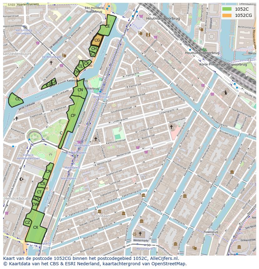 Afbeelding van het postcodegebied 1052 CG op de kaart.