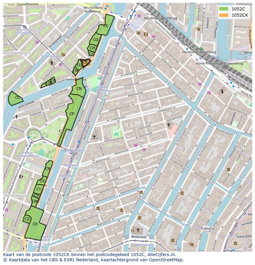 Afbeelding van het postcodegebied 1052 CK op de kaart.