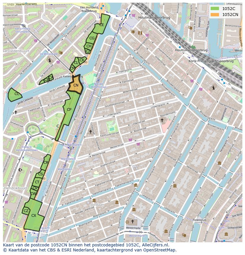 Afbeelding van het postcodegebied 1052 CN op de kaart.