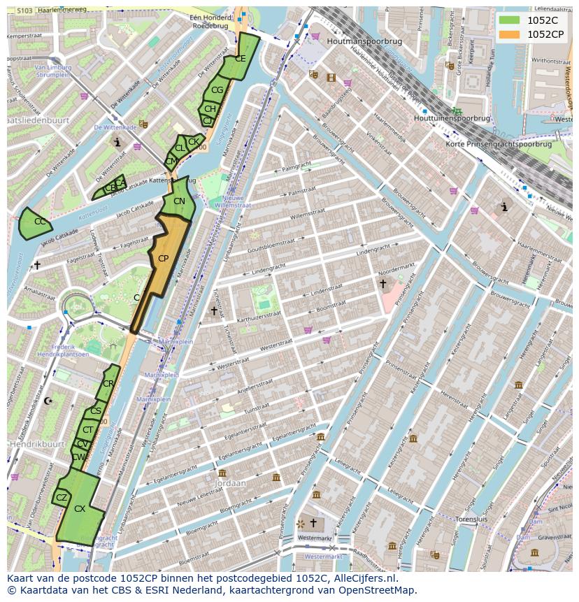 Afbeelding van het postcodegebied 1052 CP op de kaart.