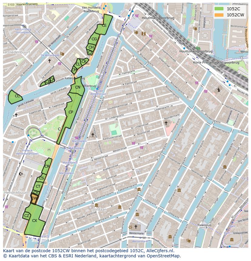 Afbeelding van het postcodegebied 1052 CW op de kaart.