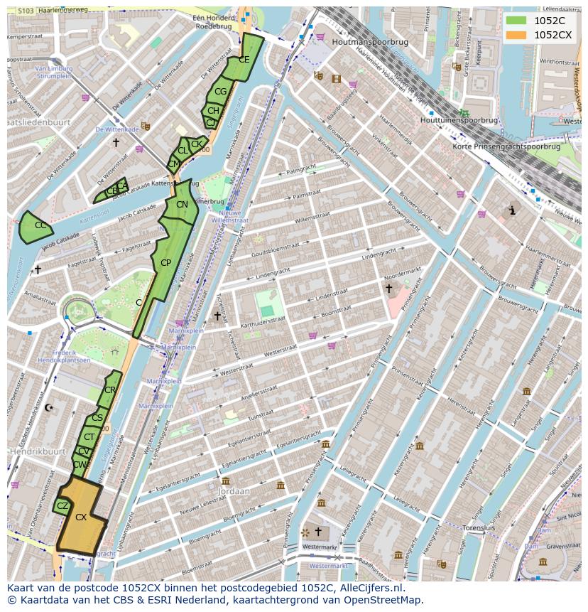 Afbeelding van het postcodegebied 1052 CX op de kaart.
