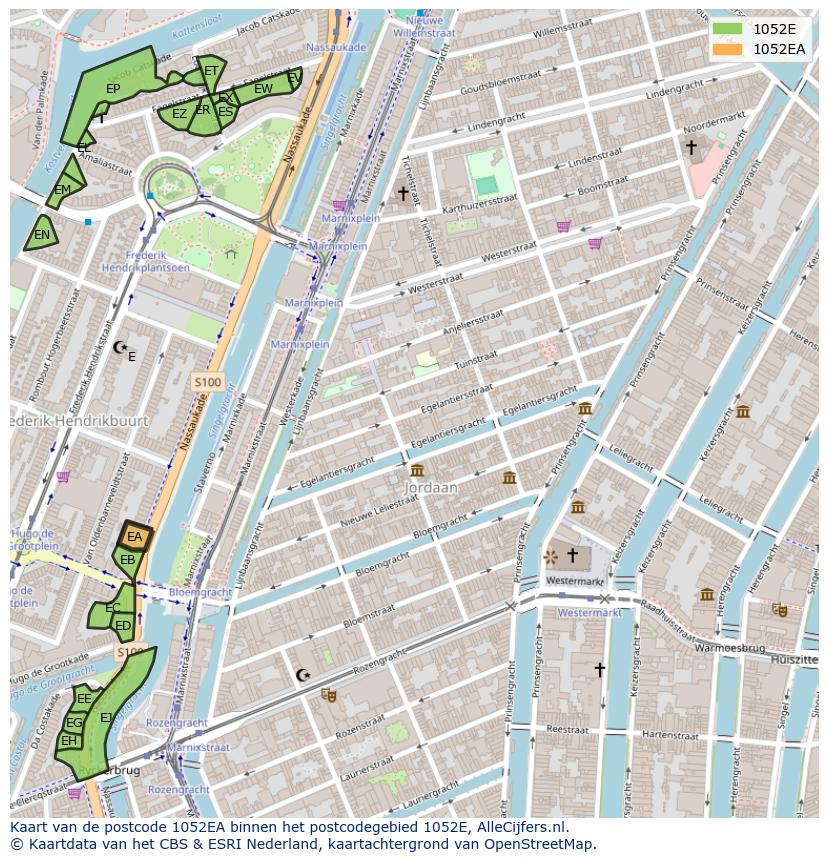 Afbeelding van het postcodegebied 1052 EA op de kaart.