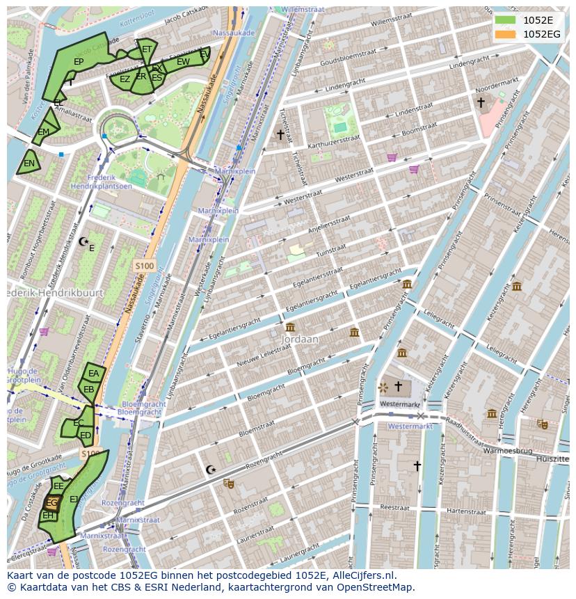 Afbeelding van het postcodegebied 1052 EG op de kaart.
