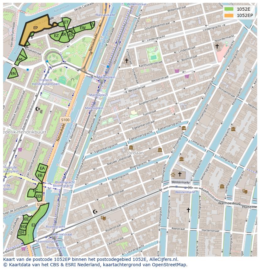 Afbeelding van het postcodegebied 1052 EP op de kaart.