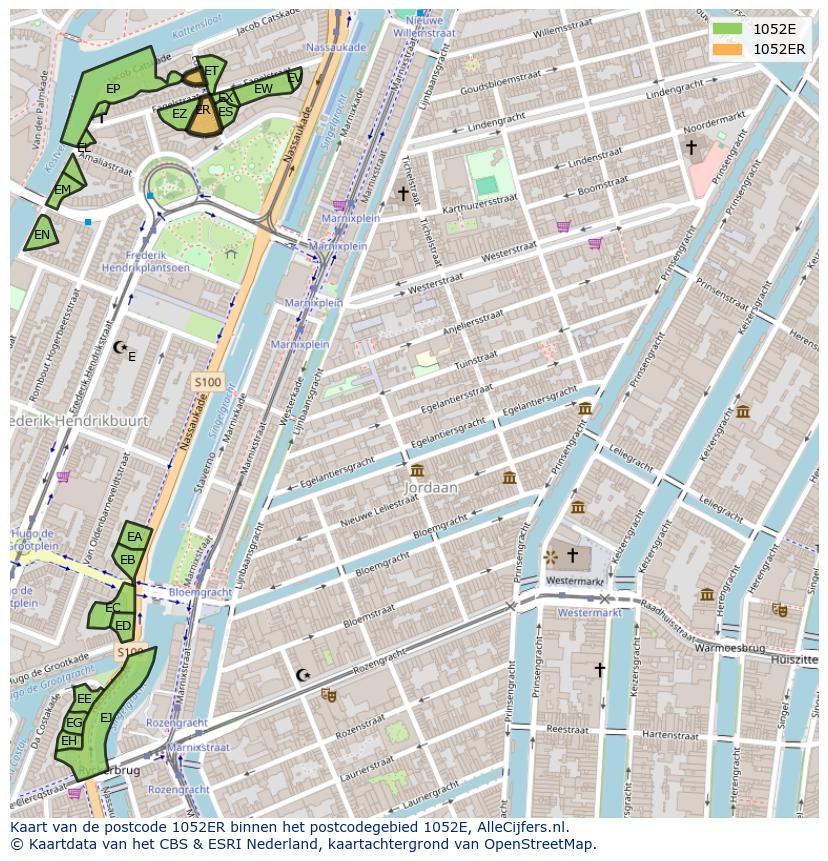 Afbeelding van het postcodegebied 1052 ER op de kaart.