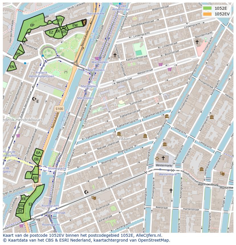Afbeelding van het postcodegebied 1052 EV op de kaart.