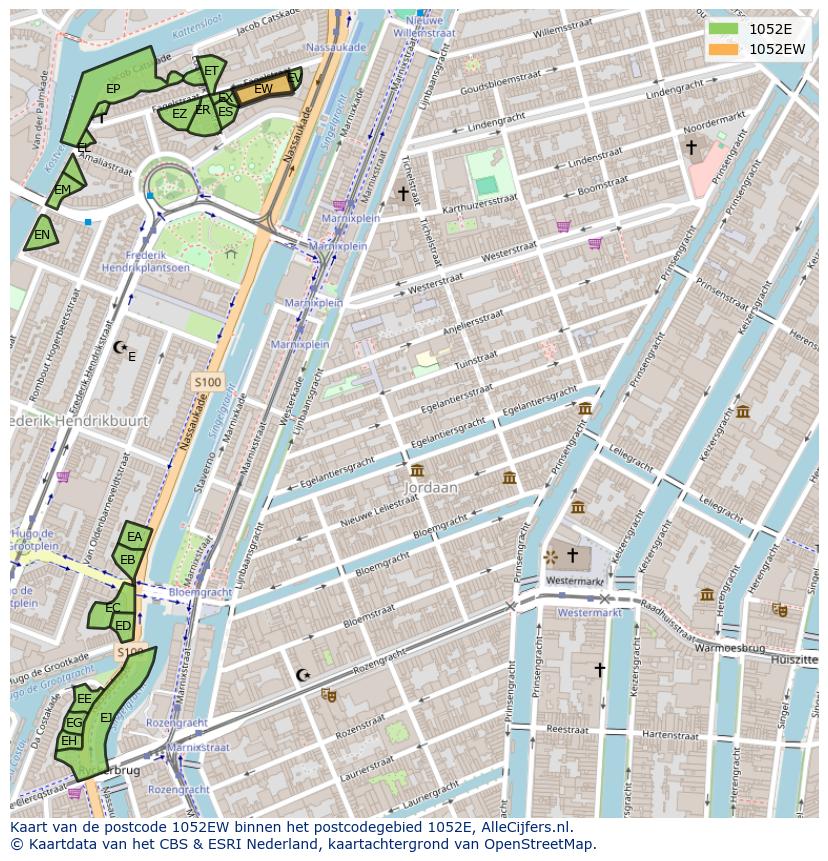 Afbeelding van het postcodegebied 1052 EW op de kaart.