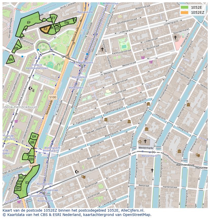 Afbeelding van het postcodegebied 1052 EZ op de kaart.