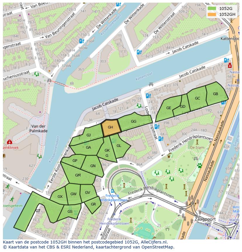 Afbeelding van het postcodegebied 1052 GH op de kaart.