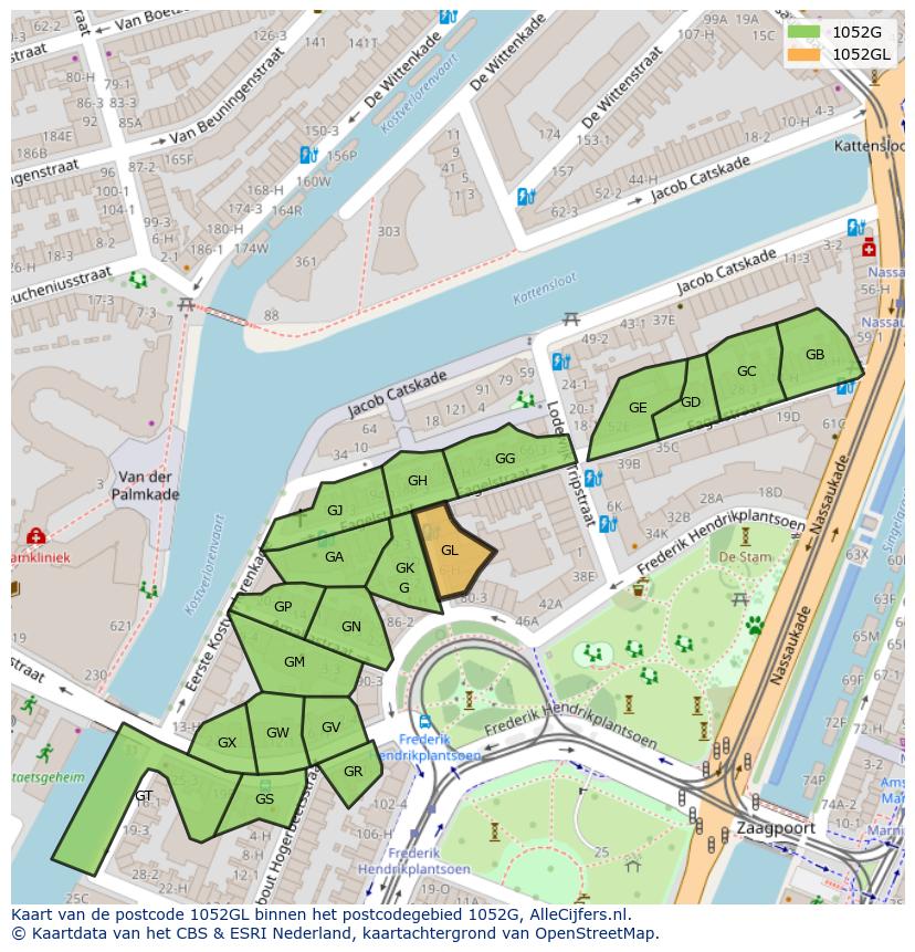 Afbeelding van het postcodegebied 1052 GL op de kaart.