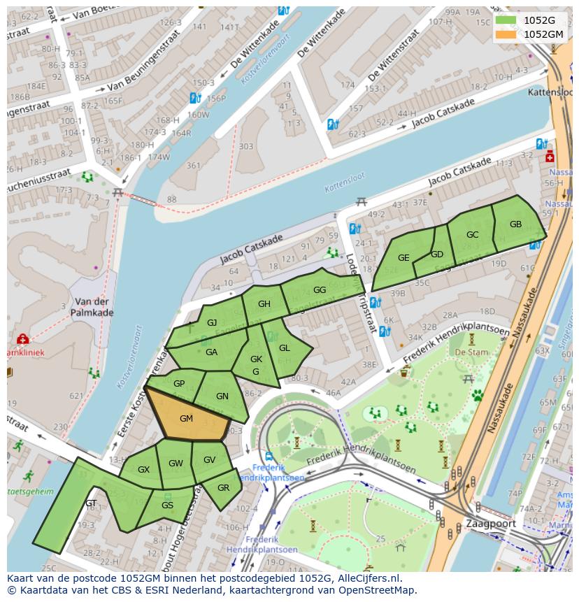 Afbeelding van het postcodegebied 1052 GM op de kaart.