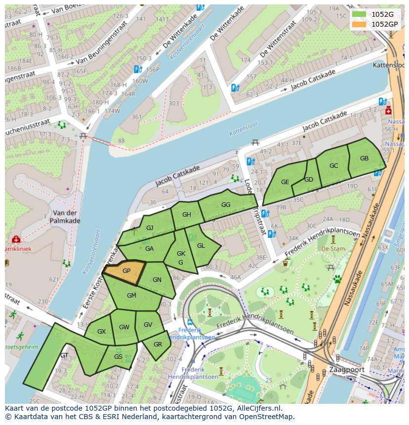 Afbeelding van het postcodegebied 1052 GP op de kaart.