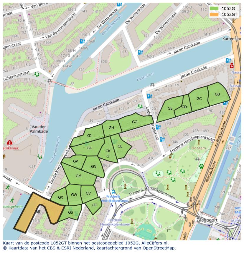 Afbeelding van het postcodegebied 1052 GT op de kaart.