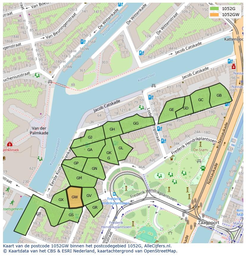 Afbeelding van het postcodegebied 1052 GW op de kaart.
