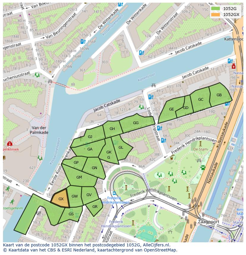 Afbeelding van het postcodegebied 1052 GX op de kaart.