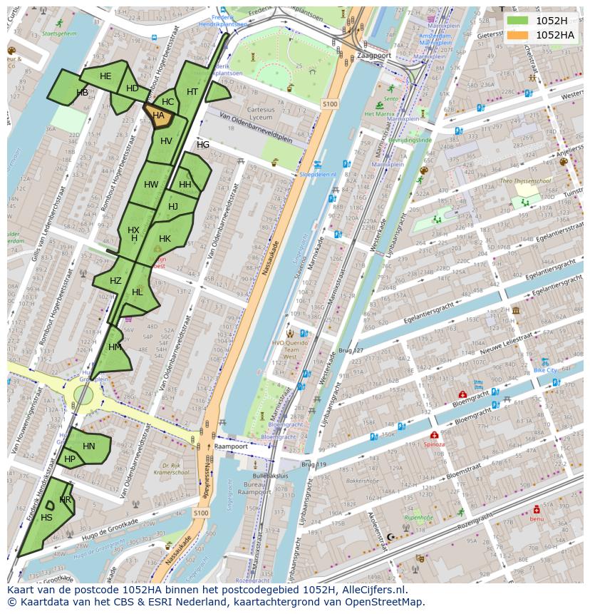 Afbeelding van het postcodegebied 1052 HA op de kaart.