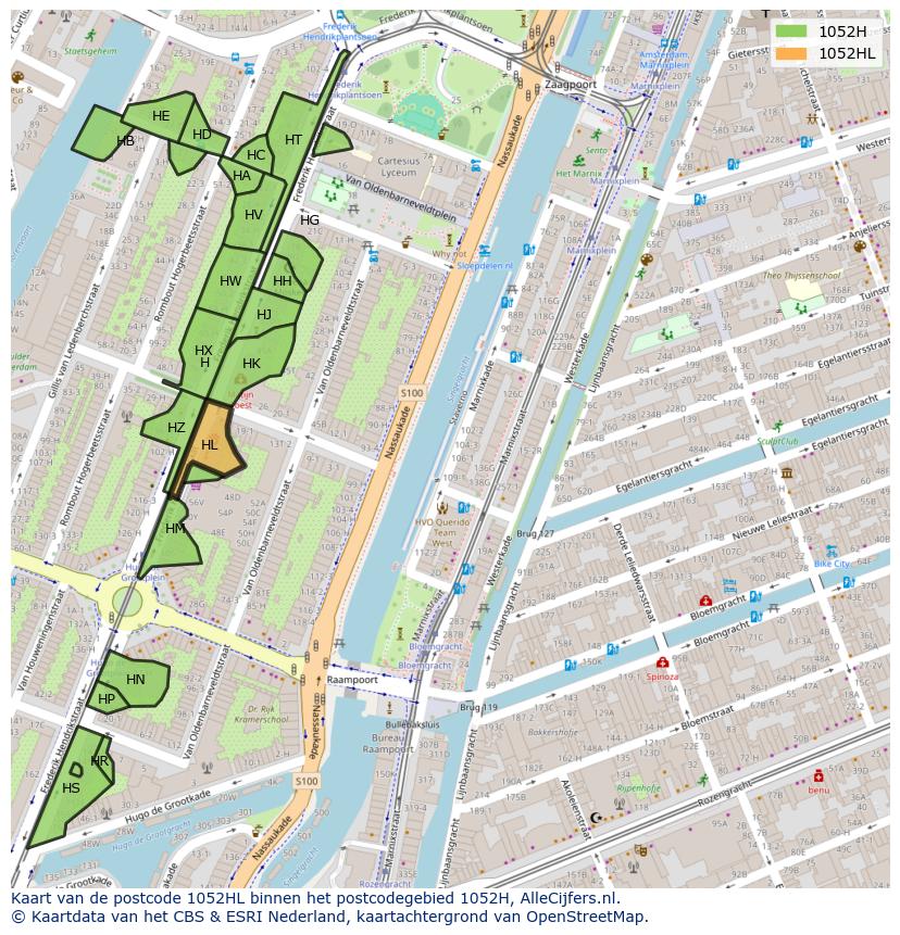 Afbeelding van het postcodegebied 1052 HL op de kaart.