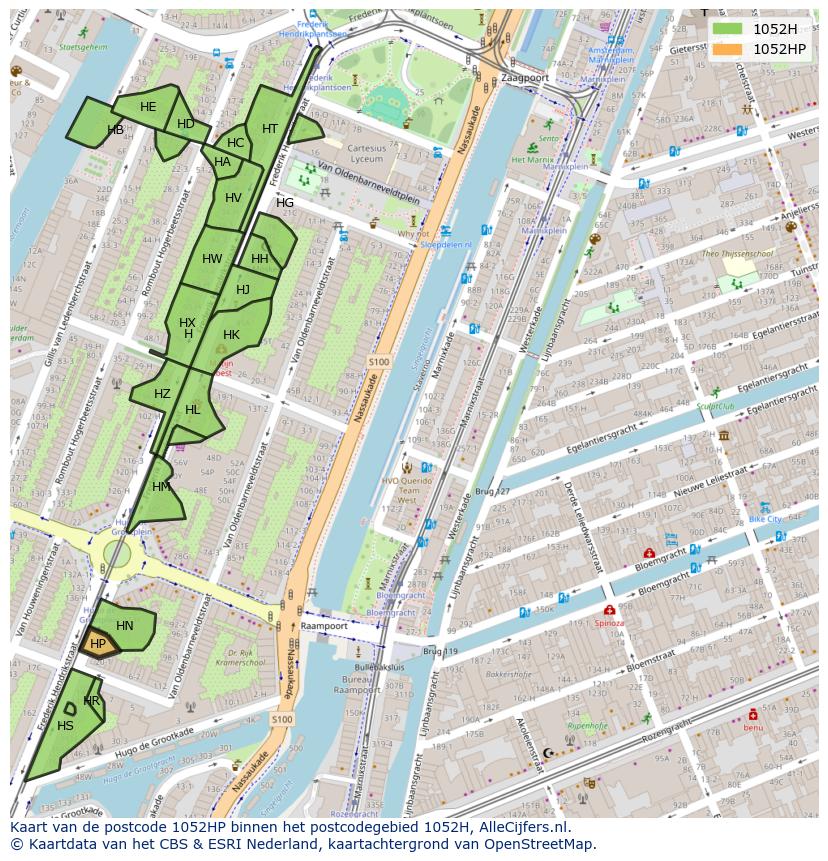 Afbeelding van het postcodegebied 1052 HP op de kaart.