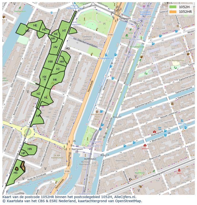 Afbeelding van het postcodegebied 1052 HR op de kaart.