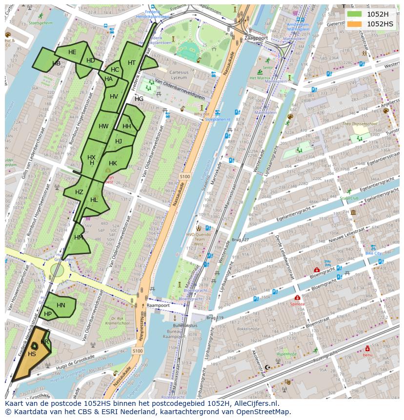 Afbeelding van het postcodegebied 1052 HS op de kaart.