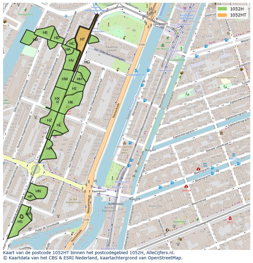 Afbeelding van het postcodegebied 1052 HT op de kaart.
