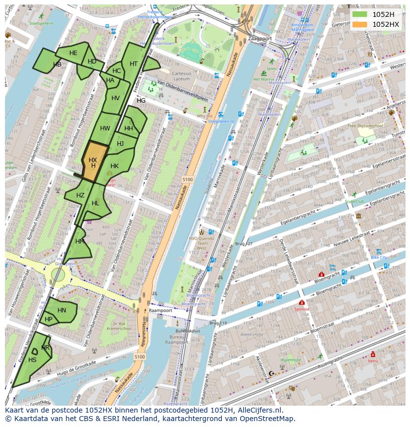 Afbeelding van het postcodegebied 1052 HX op de kaart.