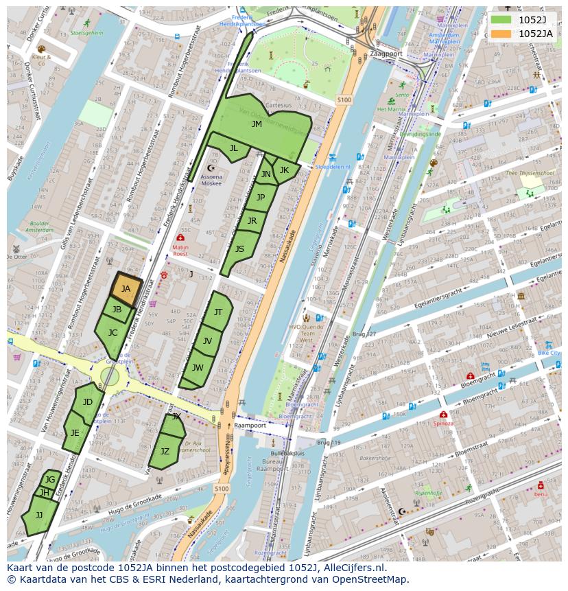 Afbeelding van het postcodegebied 1052 JA op de kaart.