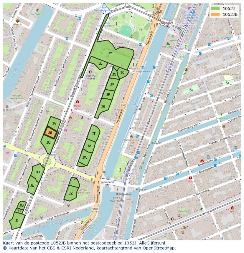 Afbeelding van het postcodegebied 1052 JB op de kaart.