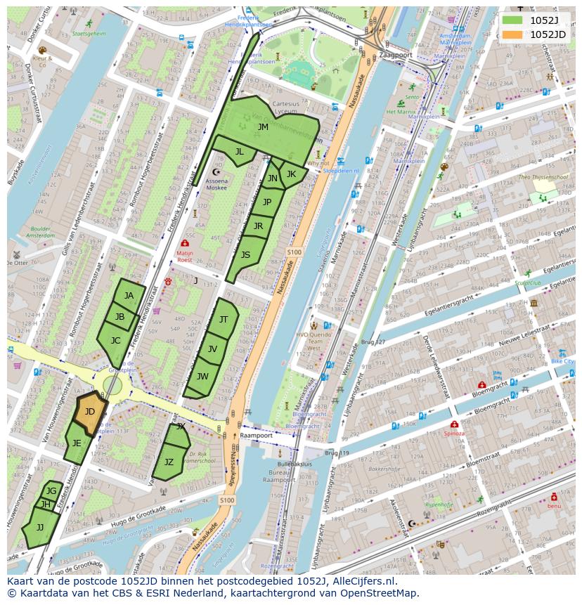 Afbeelding van het postcodegebied 1052 JD op de kaart.