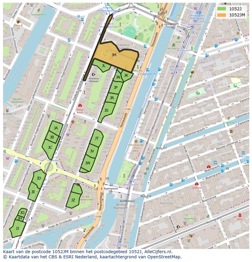 Afbeelding van het postcodegebied 1052 JM op de kaart.