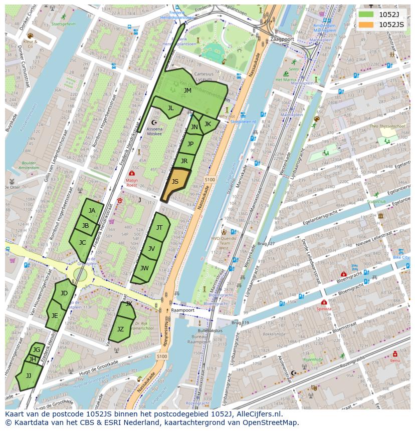 Afbeelding van het postcodegebied 1052 JS op de kaart.